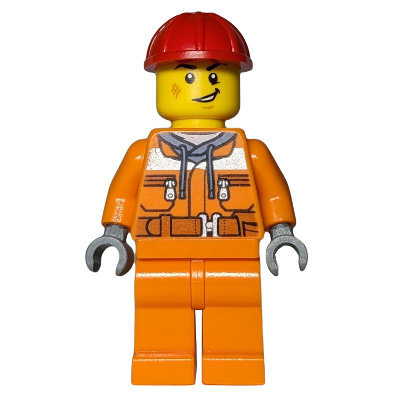 LEGO Construction Worker, Orange Safety Suit, Red Hard Hat (fig-013957)