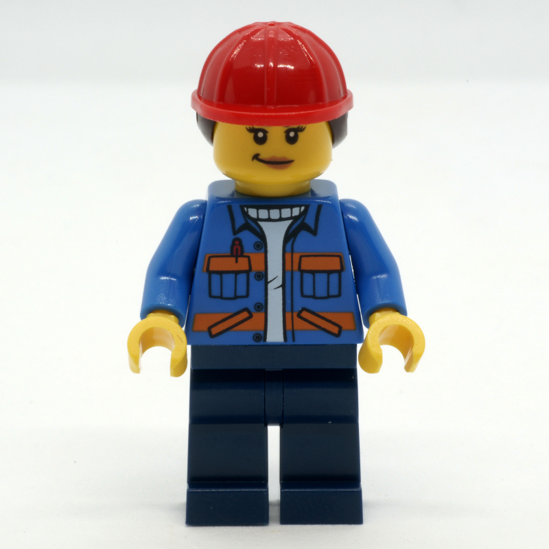 LEGO Construction Worker, Blue Safety Jacket, Dark Blue Legs, Red Hard Hat with Hair (fig-013958)
