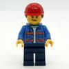 Construction Worker, Blue Safety Jacket, Dark Blue Legs, Red Hard Hat with Hair