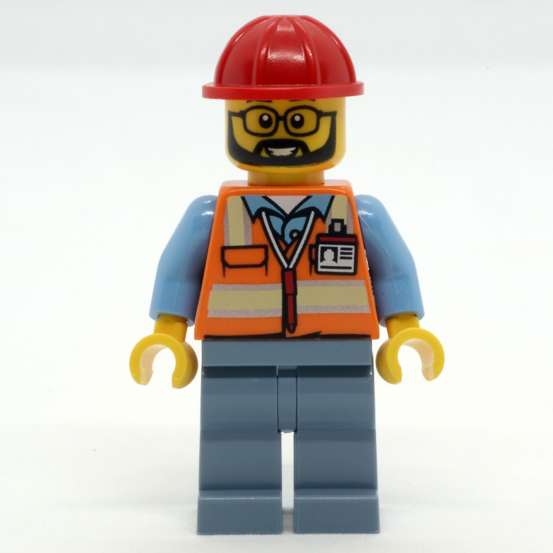 LEGO Construction Worker, Orange Safety Vest, Sand Blue Legs, Red Hard Hat (fig-013959)