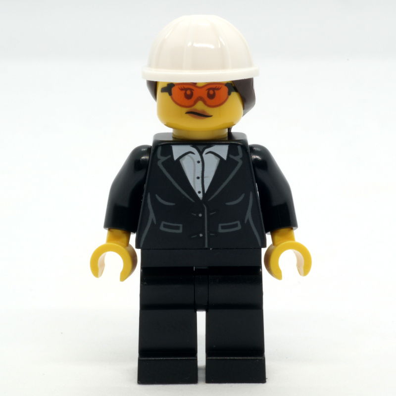 LEGO Construction Site Foreman, Black Suit, White Hard Hat with Hair (fig-013960)