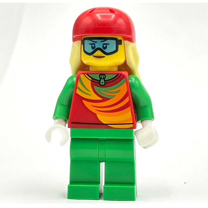 LEGO Skier, Red and Bright Green Snowsuit, Red Helmet with Hair (fig-013978)