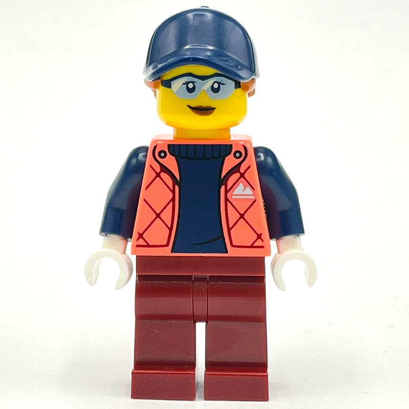 LEGO Woman, Coral Jacket, Dark Red Legs, Dark Blue Cap with Hair (fig-013981)
