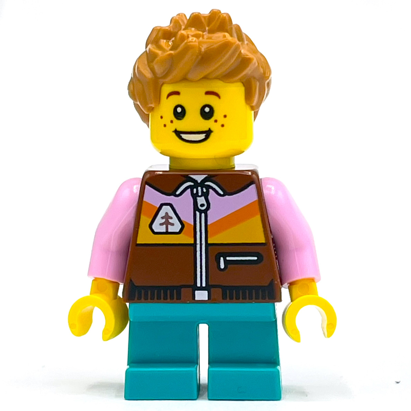 LEGO Boy, Reddish Brown Jacket, Dark Turquoise Legs (fig-013983)