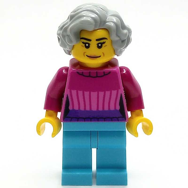 LEGO Woman, Dark Pink Top, Medium Azure Legs, Light Bluish Gray Hair (fig-013988)