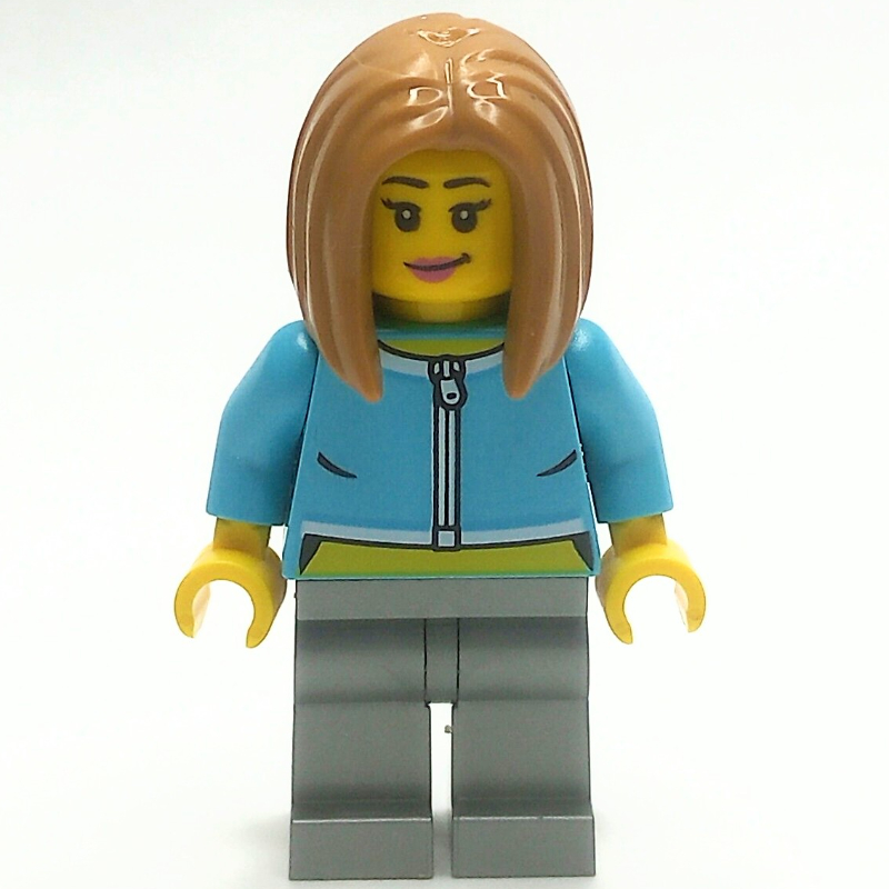 LEGO Woman, Medium Azure Torso, Flat Silver Legs, Medium Nougat Hair (fig-013989)