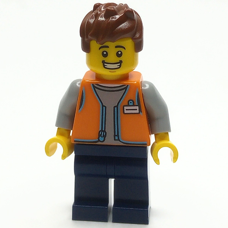 LEGO Shopkeeper, Orange Vest, Dark Blue Legs, Reddish Brown Hair (fig-013991)