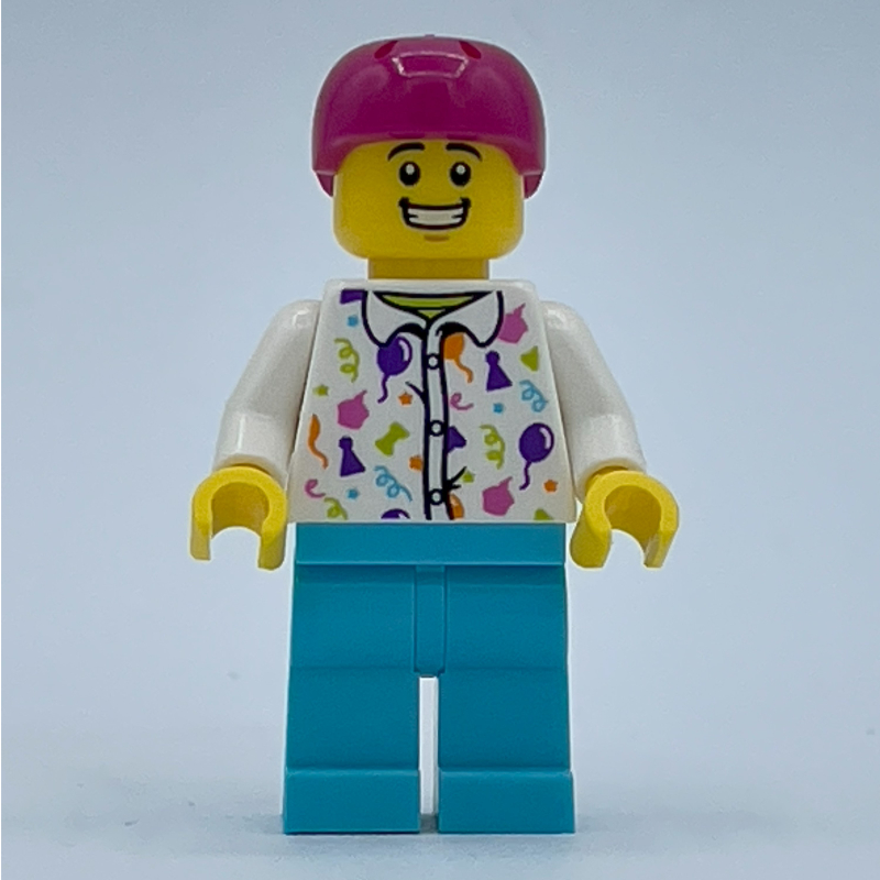 LEGO Man, White Shirt with Balloons, Medium Azure Legs, Magenta Helmet (fig-014003)