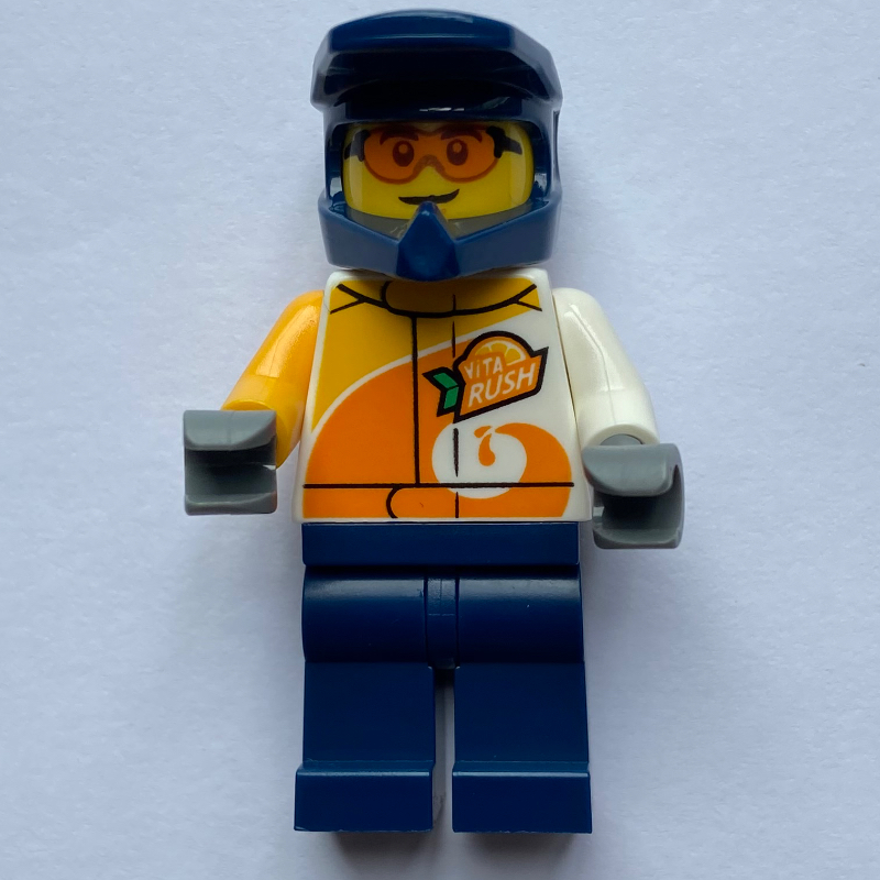 LEGO Stunt Driver, White and Orange Race Jacket, Dark Blue Legs and Helmet (fig-014131)