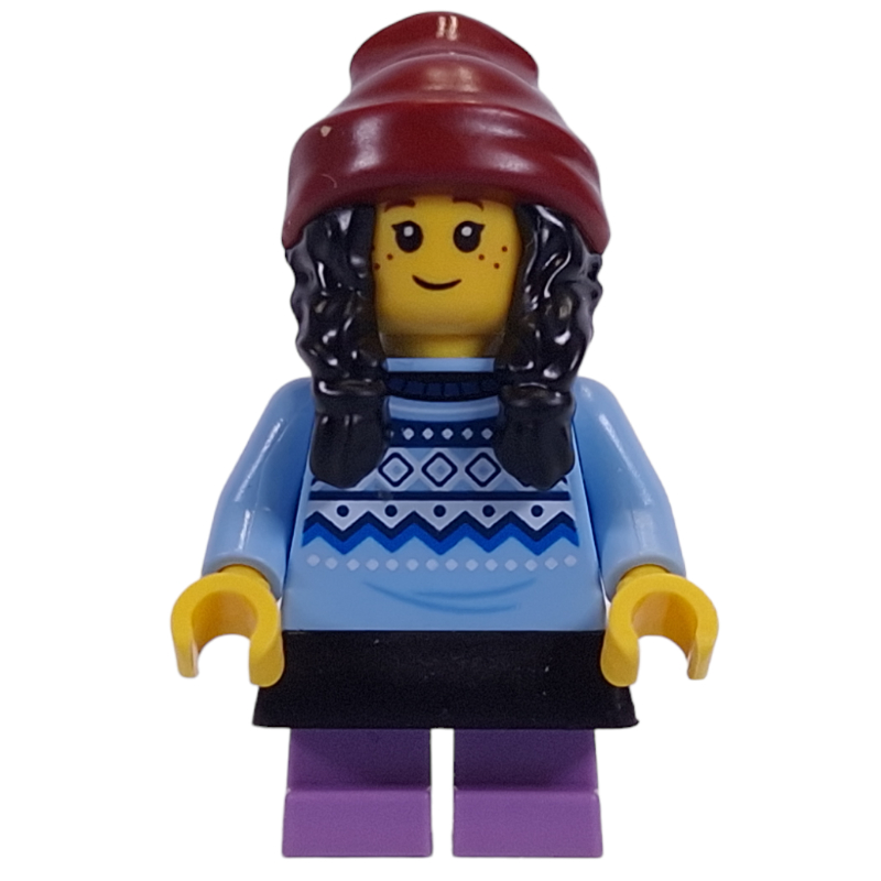 LEGO Kid, Bright Light Blue Torso, Black Dress, Medium Lavender Legs, Dark Red Beanie (fig-014279)