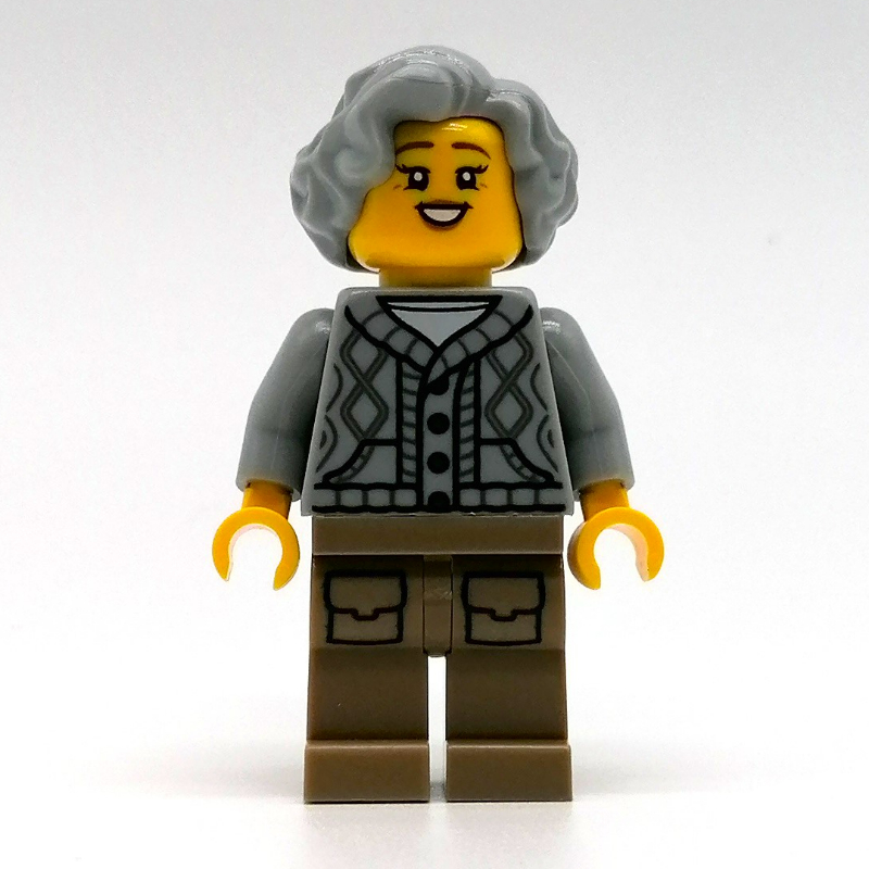 LEGO Woman, Light Bluish Gray Cardigan, Dark Tan Legs, Light Bluish Gray Hair (fig-014383)
