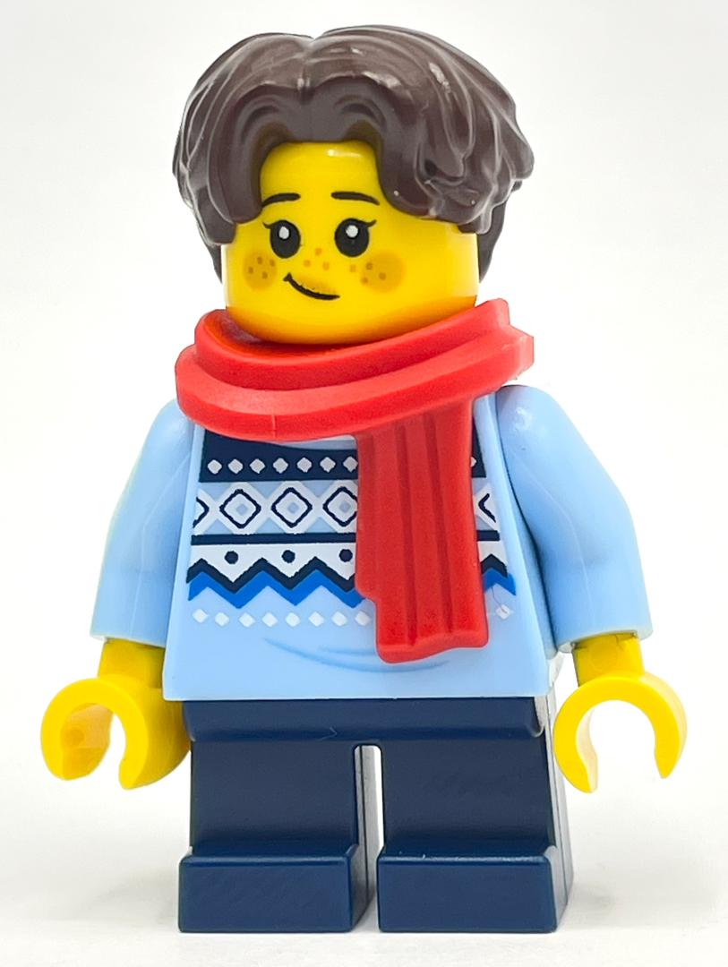 LEGO Child, Bright Light Blue Sweater, Short Dark Blue Legs, Red Scarf, Dark Brown Hair (fig-014384)