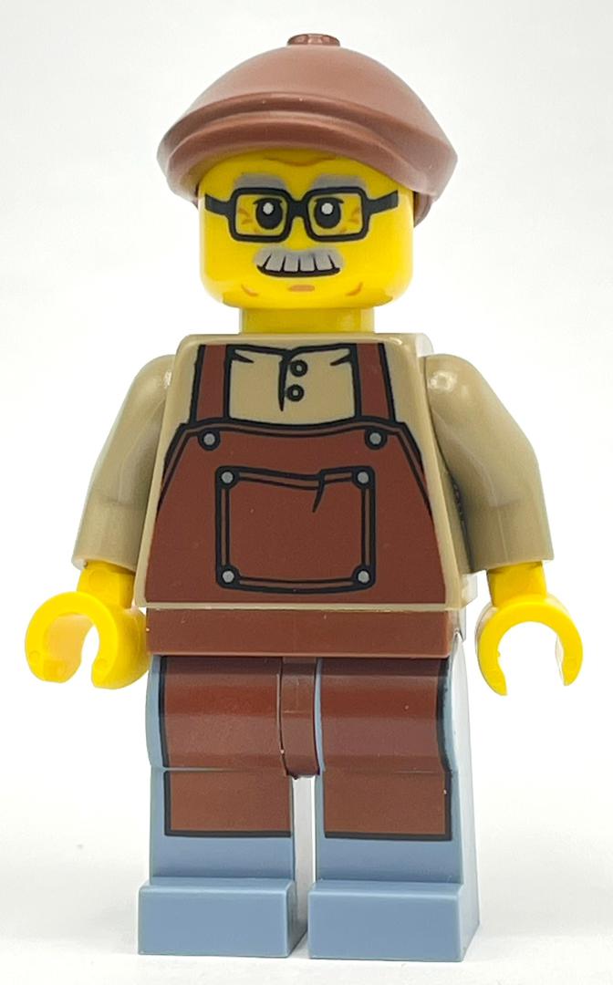 LEGO Man, Dark Tan Shirt with Reddish Brown Apron, Glasses and Moustache, Reddish Brown Hat (fig-014385)