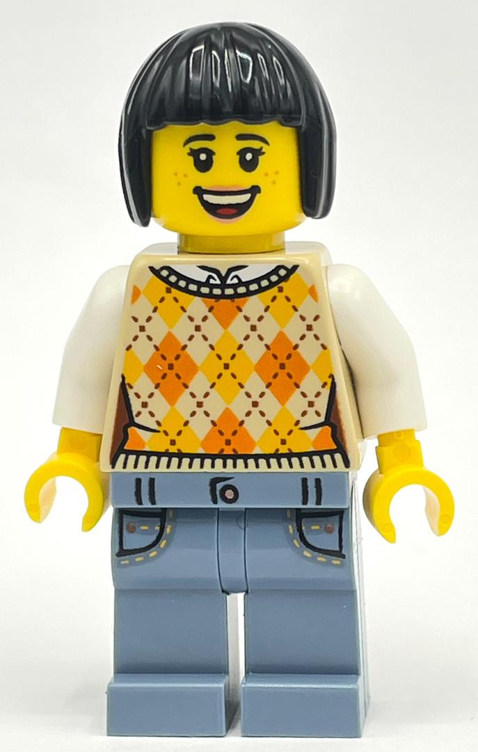 LEGO Woman, Tan Sweater Vest, Sand Blue Legs, Black Hair (fig-014386)