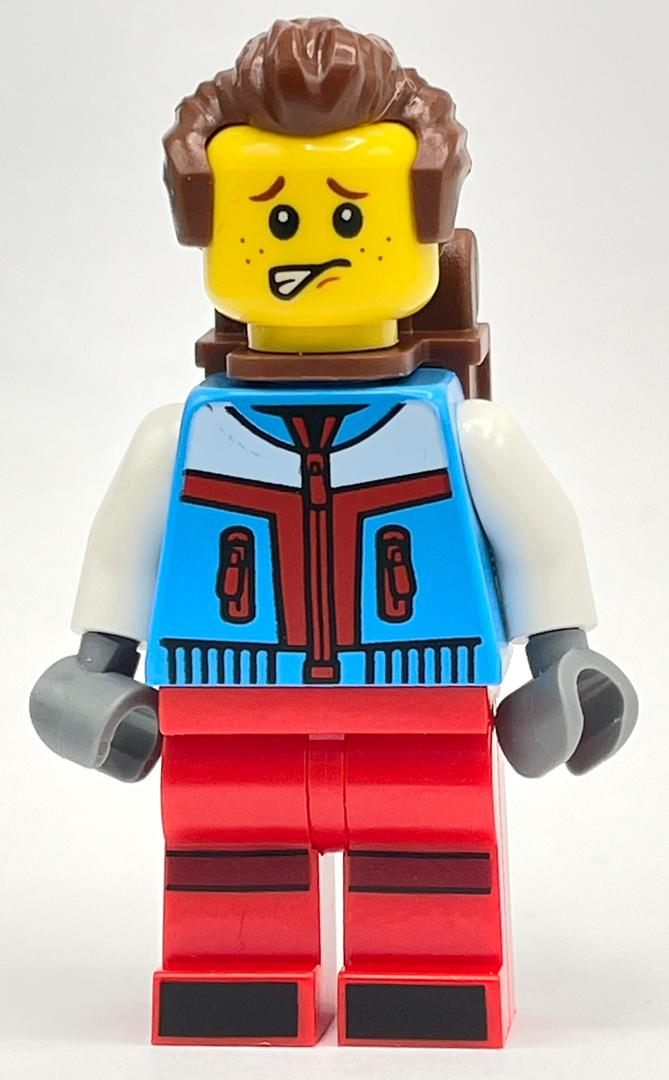 LEGO Skier, Azure and Red Suit, Reddish Brown Backpack and Hair (fig-014387)