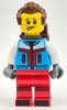 Skier, Azure and Red Suit, Reddish Brown Backpack and Hair