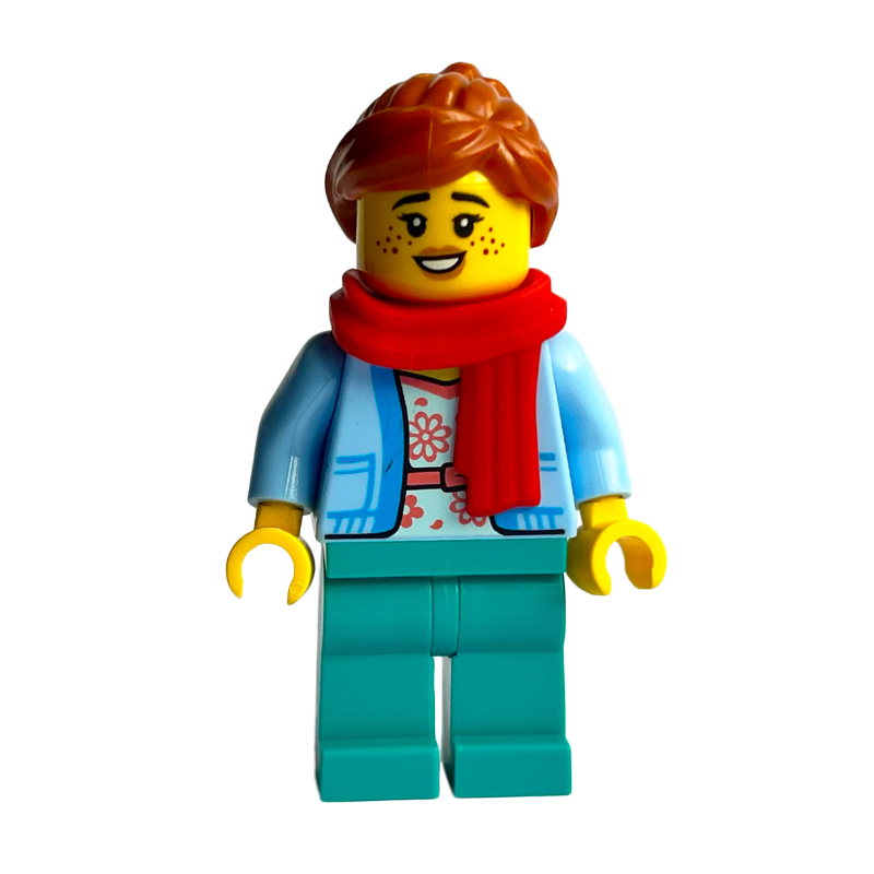 LEGO Bright Light Blue, Dark Turquoise Legs, Dark Orange Hair, Red Scarf (fig-014485)