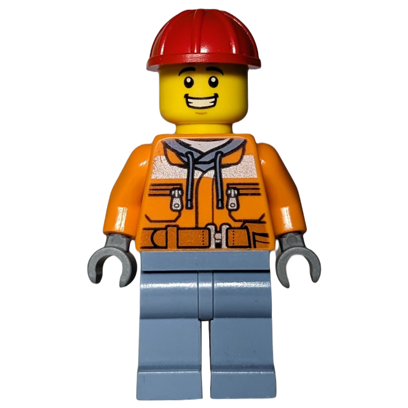LEGO Construction Worker, Safety Jacket over Hoodie with Belt, Sand Blue Legs, Red Hard Hat (fig-014492)