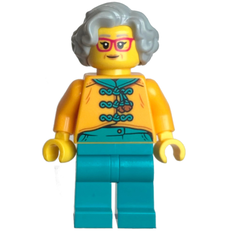 LEGO Bright Light Orange Torso, Dark Turquoise Legs, Light Bluish Grey Hair, Glasses (fig-014501)