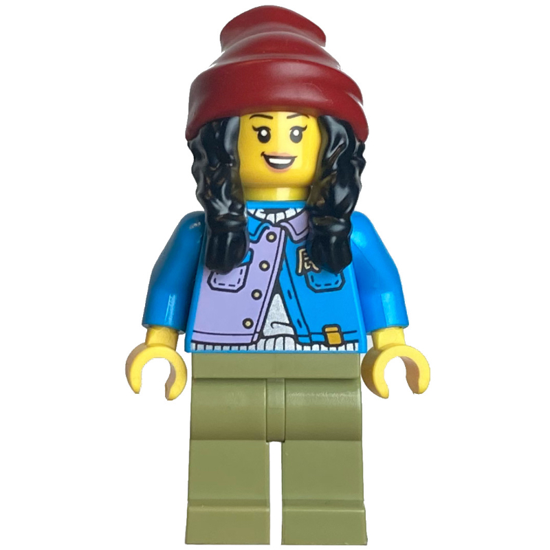 LEGO Dark Azure Torso, Olive Green Legs, Dark Red Beanie, Black Hair (fig-014502)
