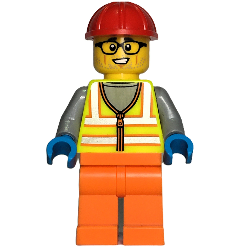 LEGO Construction Worker, Vibrant Yellow Safety Vest, Orange Legs, Red Hard Hat (fig-014630)