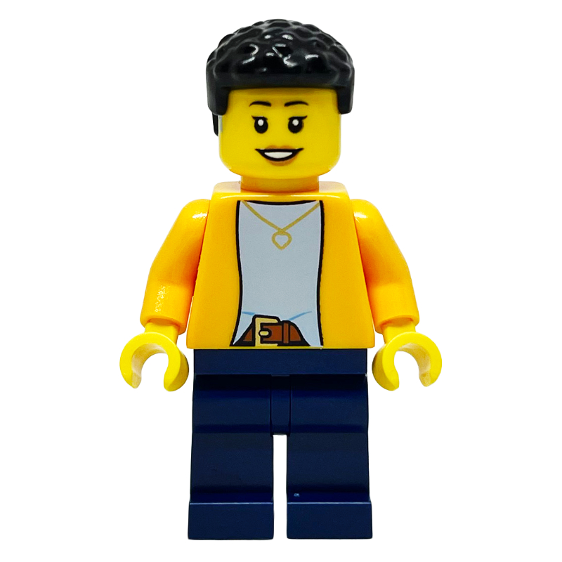 LEGO Bright Orange Torso, Dark Blue Legs, Black Hair, Hearing Aid (fig-014678)