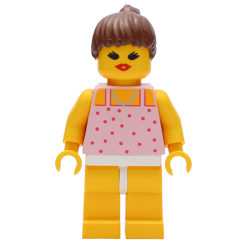 LEGO Woman, Pink Top with Spots, Yellow Legs, Brown Hair - Open Mouth (fig-014727)