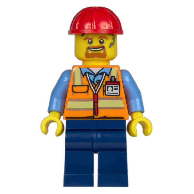 LEGO Construction Worker, Orange Safety Vest, Dark Blue Legs, Red Hard Hat, Goatee (fig-014737)