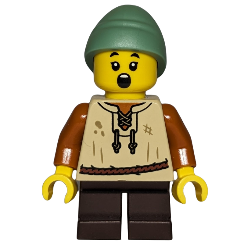 LEGO Kid, Tan Torso, Dark Brown Legs, Sand Green Hat (fig-014814)
