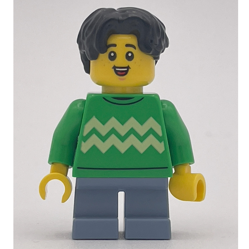 LEGO Kid, Bright Green Torso, Sand Blue Legs, Black Hair (fig-014830)
