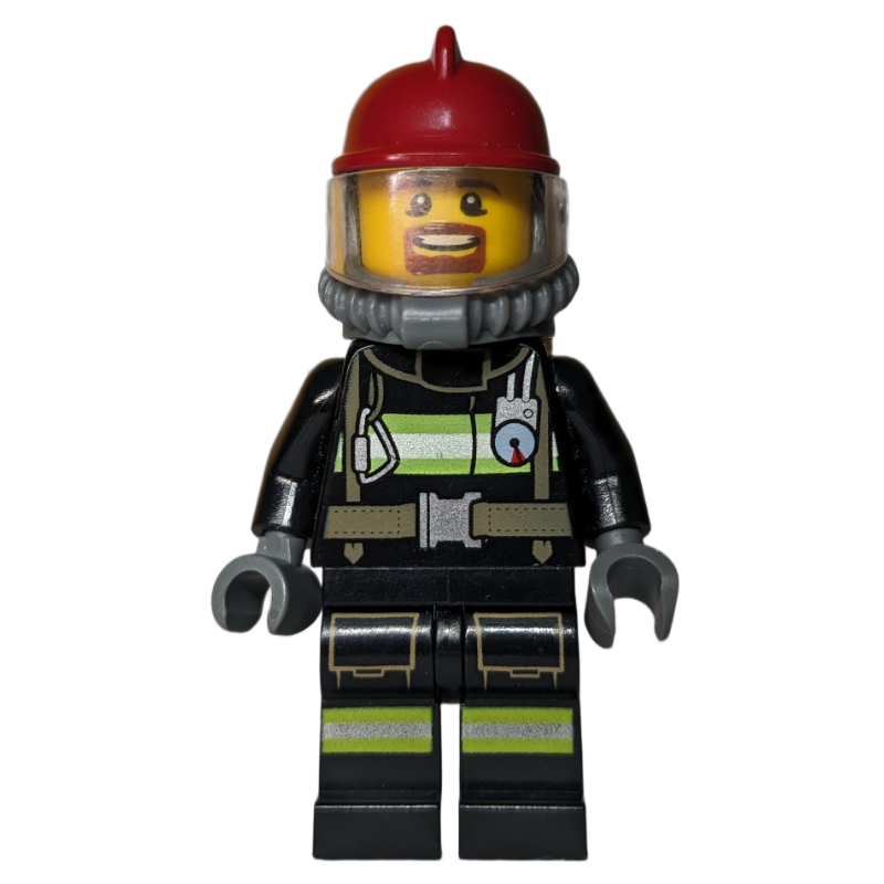 LEGO Firefighter, Black Fire Jacket with Straps and Gauge, Dark Red Helmet, Goatee Beard, Yellow Airtank (fig-014839)