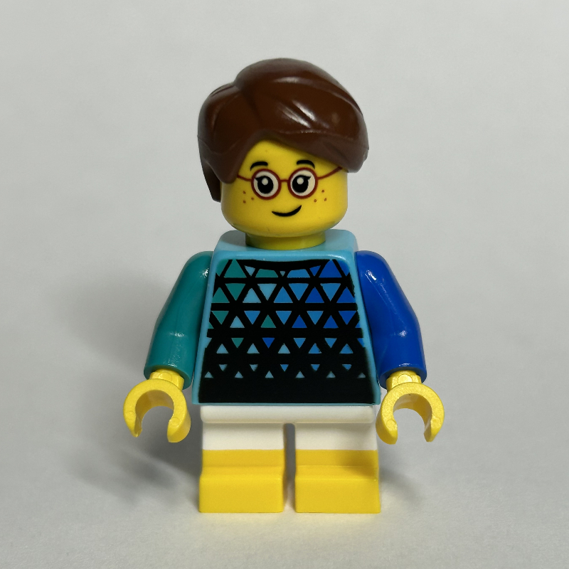 LEGO Kid, Medium Azure Torso, White Legs with Yellow Feet, Reddish Brown Hair (fig-015007)