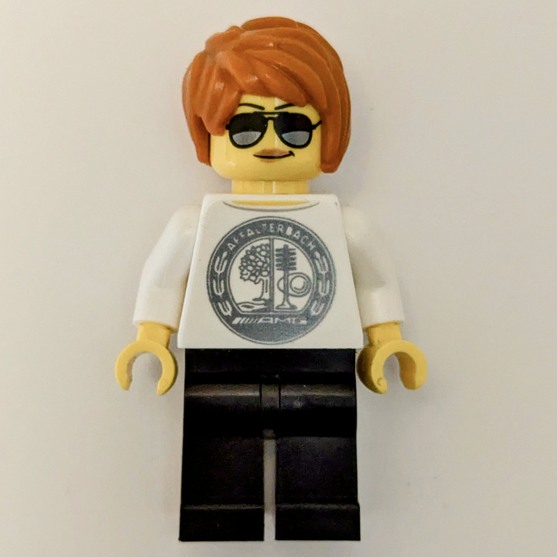 LEGO Race Driver - White Torso, Black Legs, Dark Orange Hair (fig-015189)