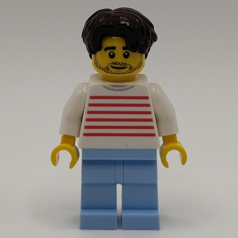 LEGO White Striped Torso, Bright Light Blue Legs, Dark Brown Hair (fig-015192)
