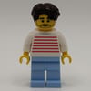 White Striped Torso, Bright Light Blue Legs, Dark Brown Hair