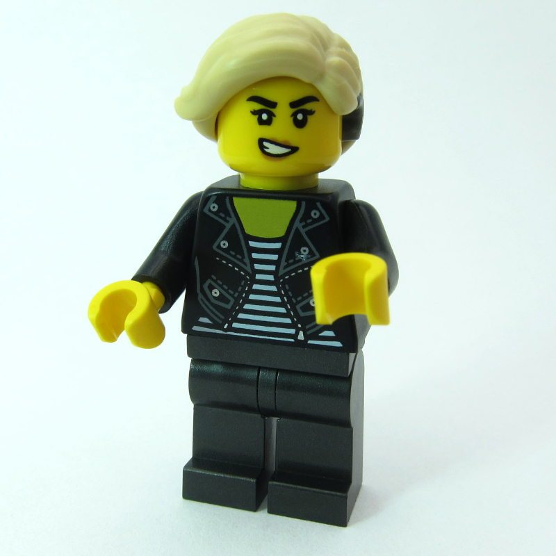 LEGO Woman, Black Jacket, Pearl Titanium Legs, Hearing Aid (fig-015203)