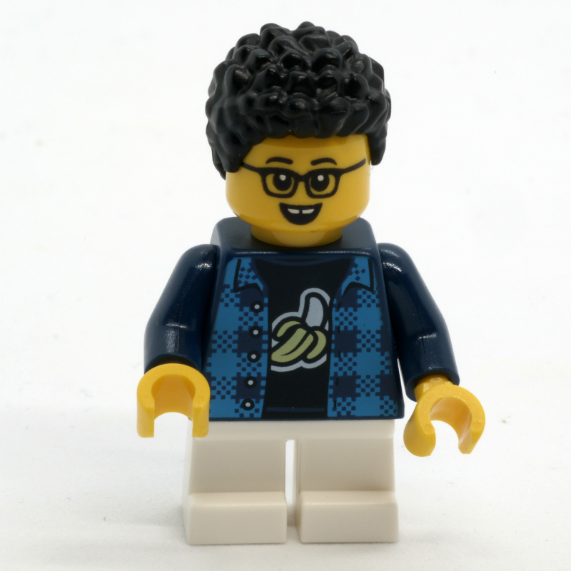 LEGO Boy, Dark Blue Plaid Shirt, Short White Legs, Glasses (fig-015209)