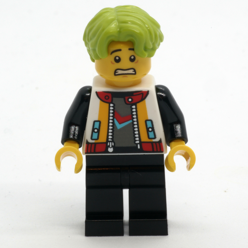 LEGO Man, White Jacket, Black Legs, Lime Hair (fig-015212)