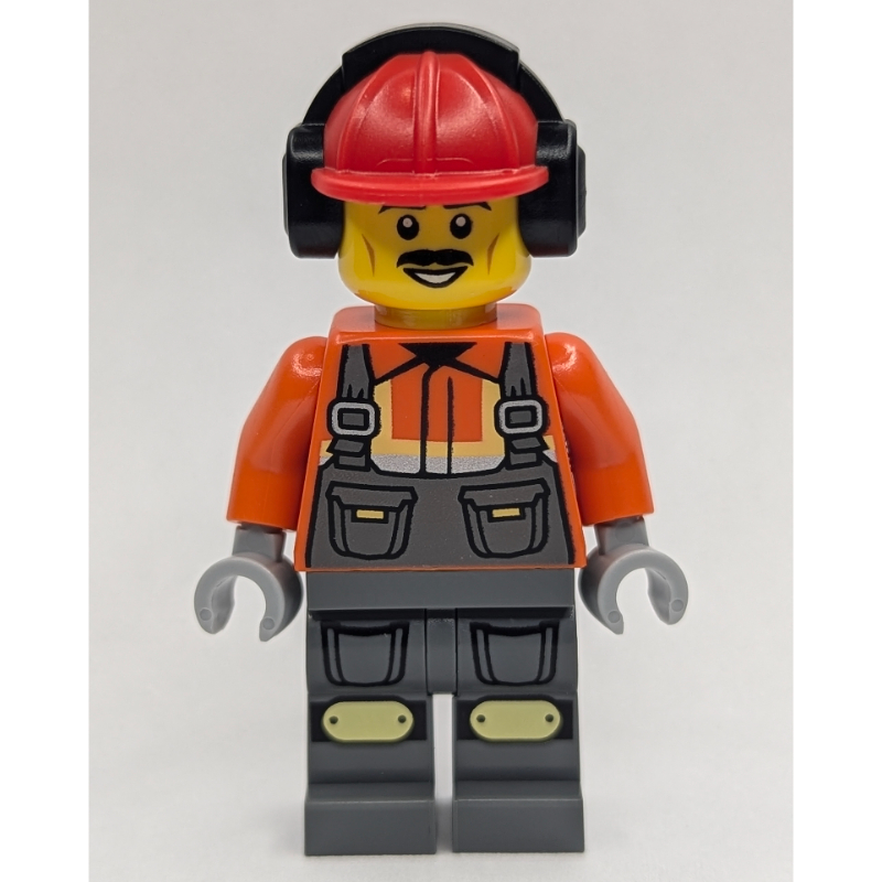 LEGO Construction Worker, Dark Orange Shirt, Dark Bluish Gray Legs, Red Hard Hat with Ear Protection (fig-015215)