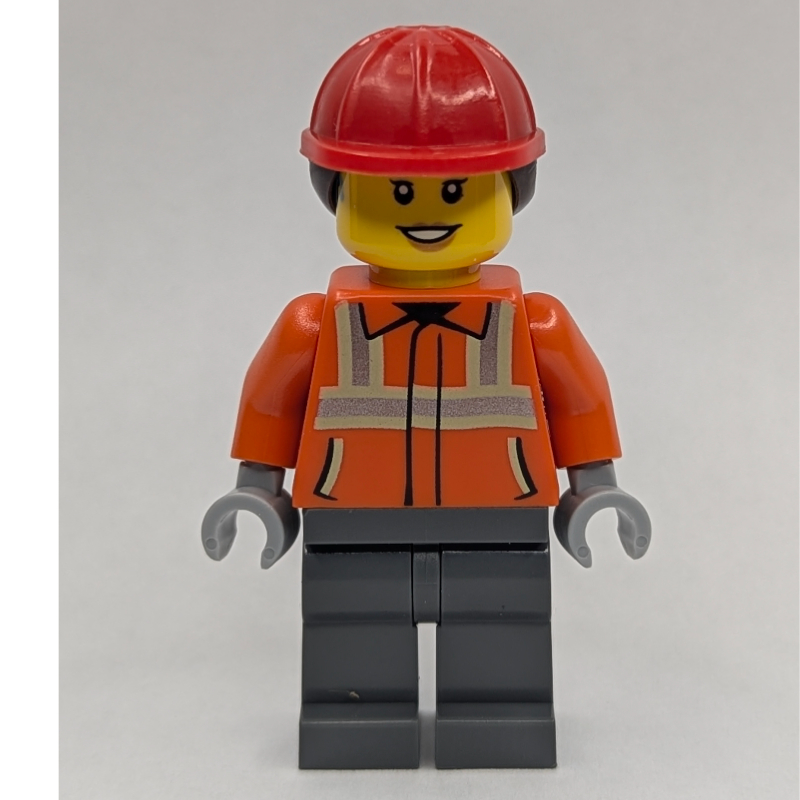LEGO Construction Worker, Reddish Orange Jacket, Red Hard Hat with Ponytail (fig-015217)
