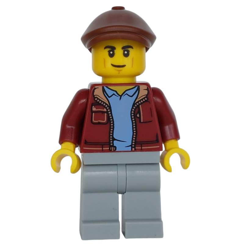 LEGO Man, Dark Red Jacket, Light Bluish Gray Legs, Reddish Brown Flat Cap (fig-015218)