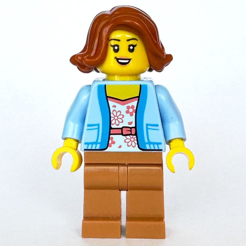 LEGO Woman, Bright Light Blue Cardigan, Medium Nougat Legs (fig-015222)