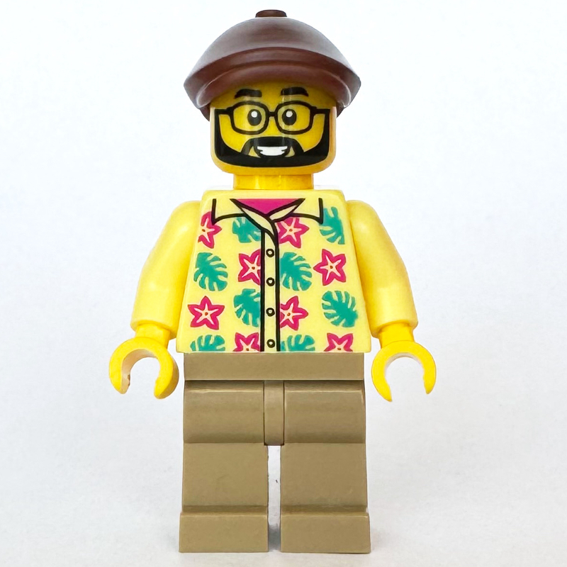 LEGO Man, Bright Light Yellow Hawaiian Shirt, Dark Tan Legs, Reddish Brown Flat Cap (fig-015224)