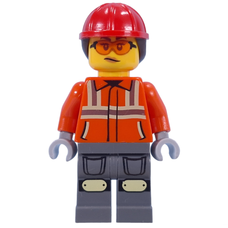 LEGO Construction Worker, Reddish Orange Jacket, Red Hard Hat with Ponytail (fig-015229)