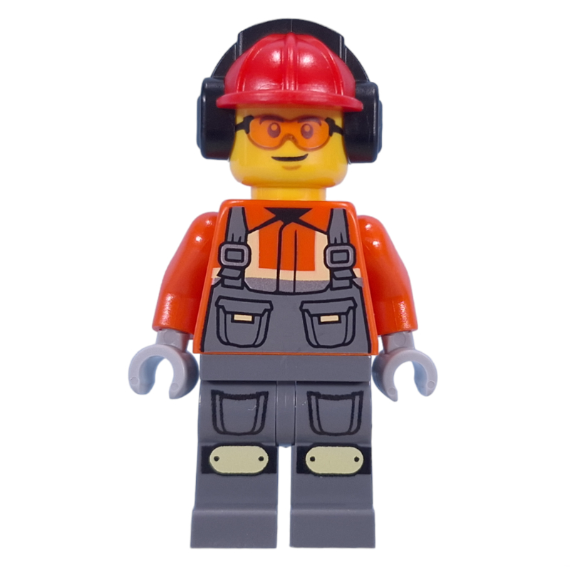 LEGO Construction Worker, Reddish Orange Jacket, Overall, Red Hard Hat with Ear Protection (fig-015231)