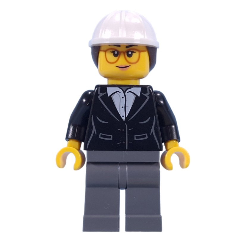 LEGO Construction Supervisor, Black Jacket, White Hard Hat with Ponytail (fig-015232)