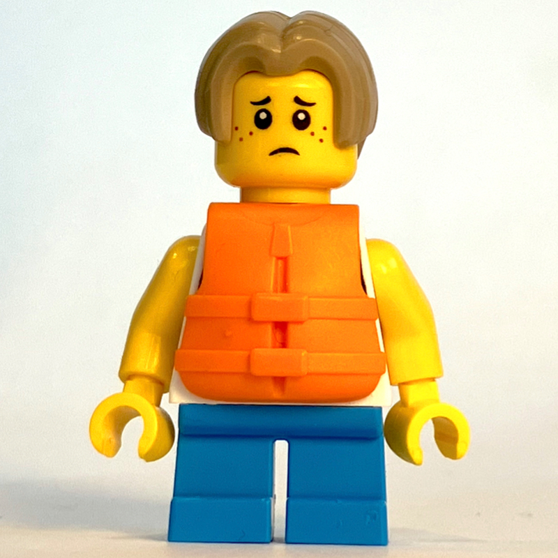 LEGO Kid, White Torso, Dark Azure Legs, Dark Tan Hair, Orange Life Vest (fig-015241)