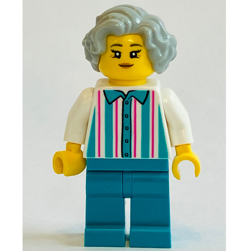 LEGO White Stripes Torso, Dark Turquoise Legs, Light Bluish Grey Hair (fig-015243)