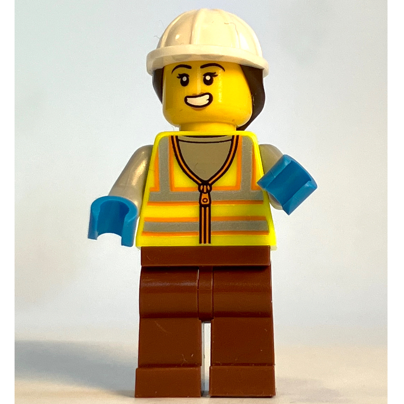 LEGO Harbor Worker, Vibrant Yellow Safety Vest, Reddish Brown Legs, White Helmet with Ponytail, Orange Life Vest (fig-015245)