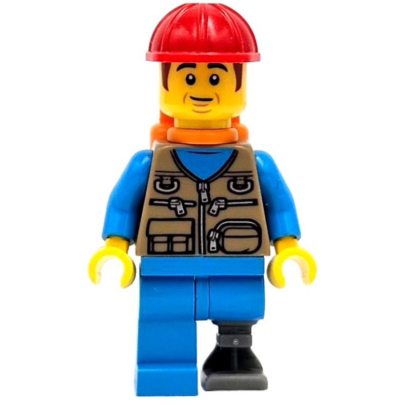 LEGO Train Work, Dark Tan Torso, Dark Azure Legs, Prosthetic Leg, Red Hat, Orange Air Tanks (fig-015278)